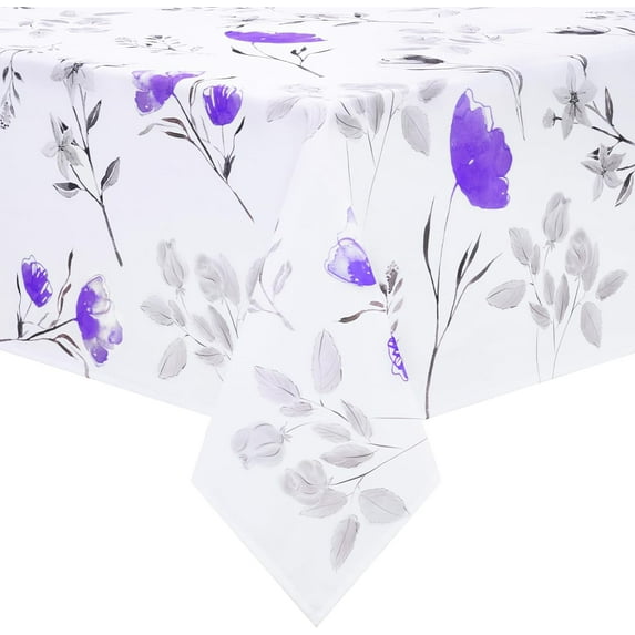 Floral Tablecloth 60x84 Inch Rectangle, Flower Decoration Table Cloth for Spring Summer, Waterproof Fabric Wrinkle Free Table Cover for Kitchen, Dining Room, Party, Picnic, Camping, Purple