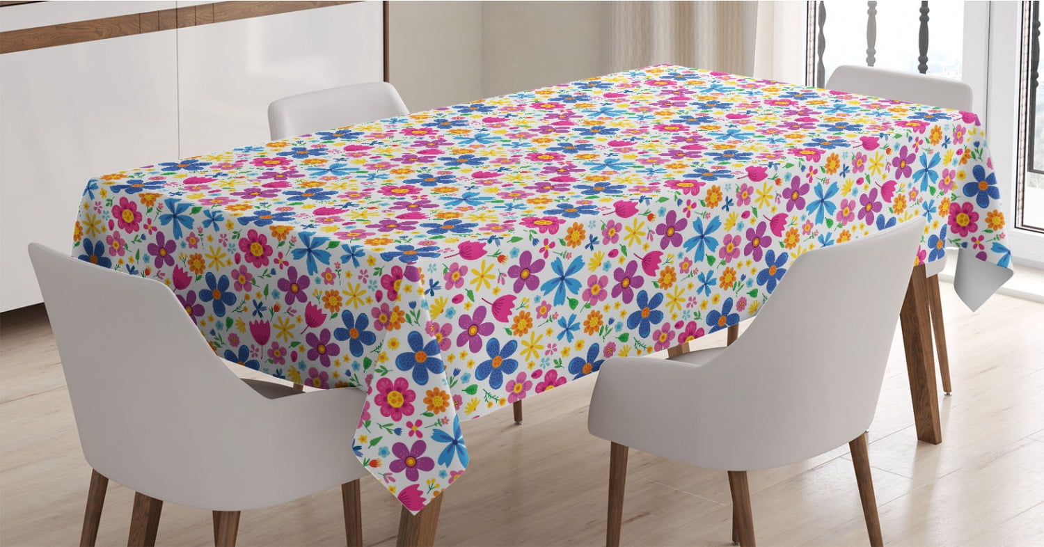 Floral Tablecloth, Cartoon Design Funny Spring Thrill Pattern with ...