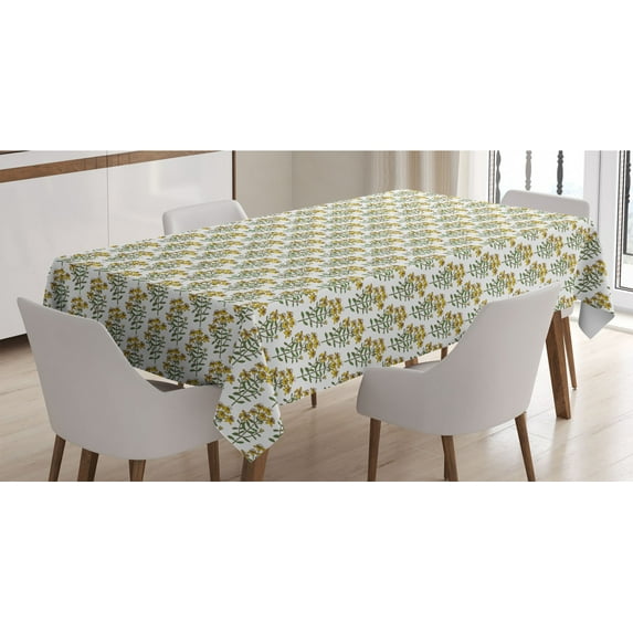 Floral Tablecloth, Garden Blossoms St. John's Wort Flowers Botanical Herbs of Forest Meadow, Rectangle Satin Table Cover for Dining Room and Kitchen, 52" X 70", Mustard Hunter Green, by Ambesonne