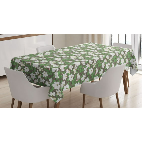 Floral Tablecloth, Magnolia Flower Bouquets Blooming Petals Gardening Field Pattern, Rectangle Satin Table Cover Accent for Dining Room and Kitchen, 52" X 70", Green Brown and Multicolor, by Ambesonne