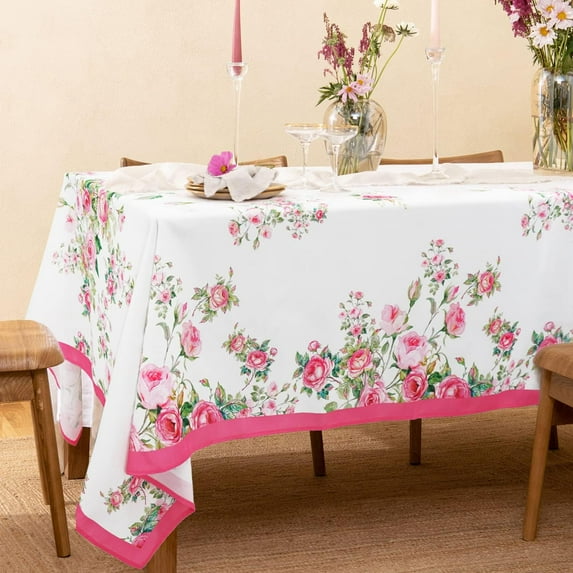Floral Tablecloth Pink Flowers Print Rectangle Table Cloth Spring Summer Waterproof Wrinkle Free Tablecloth 60 X 120 Inch