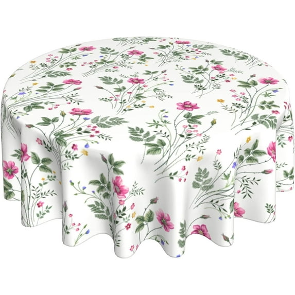 Floral Tablecloth,Spring Round Tablecloth,Red Green Flower Table Cloth Round 60 Inch Waterproof Tablecloth for Dining Room Kitchen Table Picnic Party Indoor Outdoor Patio Decoration