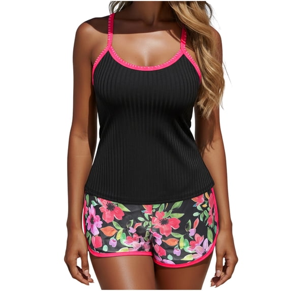Floral Tankini Set for Women Retro Boho 2 Piece Modest Swimsuits Loose Swimwear Tops with Shorts Two Piece Bathing Suit(Hot Pink M)