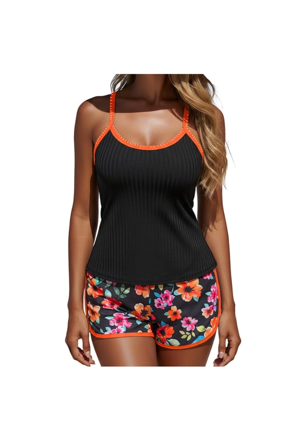 Floral Tankini Set for Women Retro Boho 2 Piece Modest Swimsuits Loose Swimwear Tops with Shorts Two Piece Bathing Suit(Pink S)