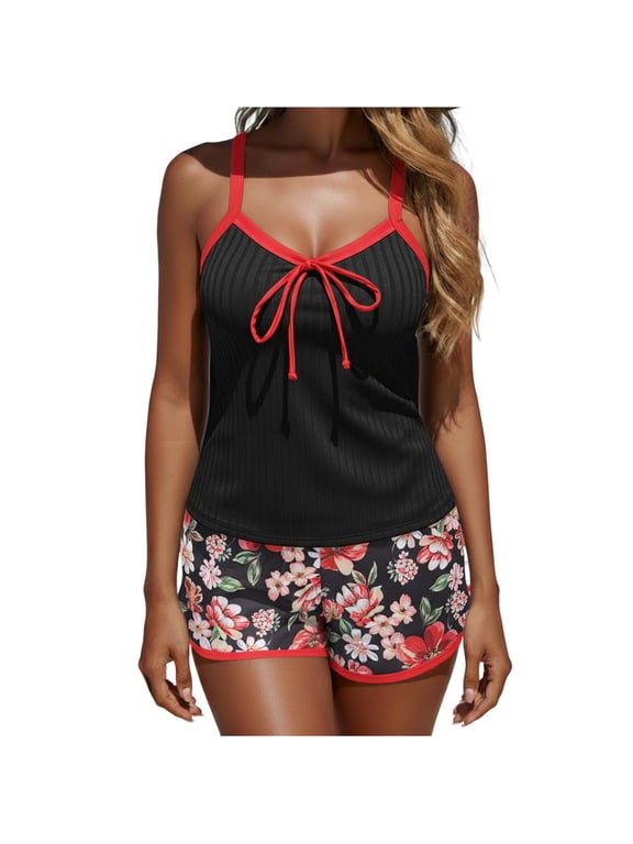 Floral Tankini Set for Women Retro Boho 2 Piece Modest Swimsuits Loose Swimwear Tops with Shorts Two Piece Bathing Suit(Red M)
