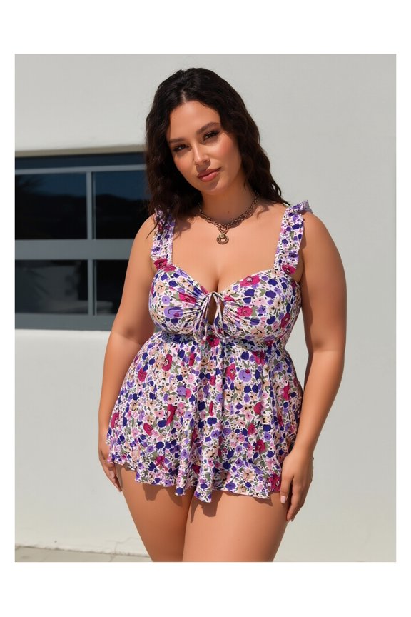 Floral Tankini Swimsuit for Women - Ditsy Print Tie Front Ruffled One Piece Swimwear; Vintage Bathing Suit; Flattering Summer Beach Pool Outfit; Sizes 12-22