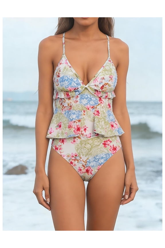 Floral Tankini Swimsuit for Women Pastel Ruffle Two Piece Bathing Suit Beachwear Adjustable Straps Flattering Swimsuits for Summer Vacation