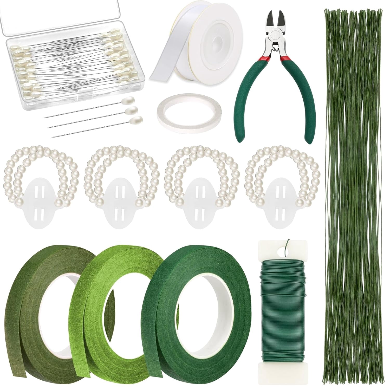 Floral Tape and Floral Wire Arrangement Tool Kit with Green Floral Tape, Floral Wire, Boutonniere Flower pin, Wire Cutter, White Ribbon and Elastic Pearl Wrist Corsage Bands for Bouquets