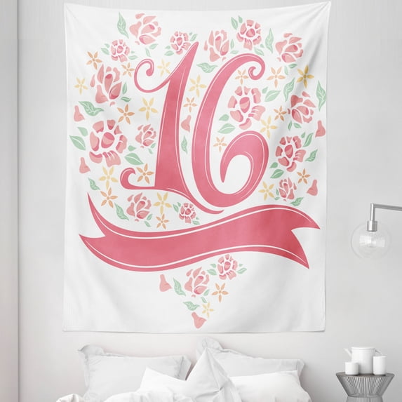Floral Tapestry, Floral 16 Typohraphy with Spring Floral Rose Petal Image, Fabric Wall Hanging Decor for Bedroom Living Room Dorm, 5 Sizes, Dark Coral Mint, by Ambesonne
