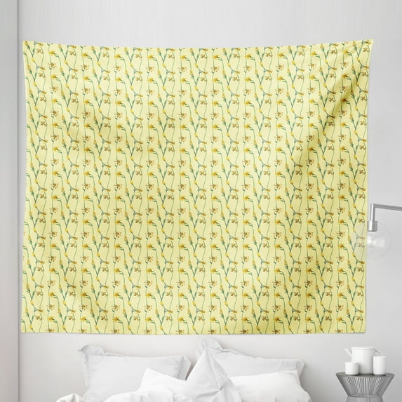 Floral Tapestry, Buttercup Daffodil Branches Shabby Swirly Blossoming Art, Fabric Wall Hanging Decor for Bedroom Living Room Dorm, 5 Sizes, Hunter Green Pale Yellow, by Ambesonne