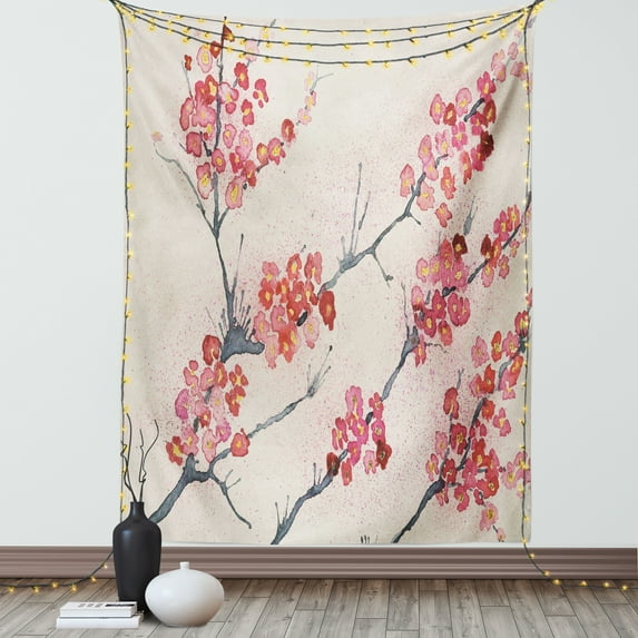 Floral Tapestry, Cherry Blossoms Sakura Eastern Old Style Painting Print Vintage Asian Theme, Wall Hanging for Bedroom Living Room Dorm Decor, 40W X 60L Inches, Pink Beige Gray, by Ambesonne