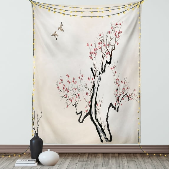 Floral Tapestry, Classic Asian Paint Style Artwork Flower Branches Blossom and Flying Birds Pattern, Wall Hanging for Bedroom Living Room Dorm Decor, 40W X 60L Inches, Grey White, by Ambesonne