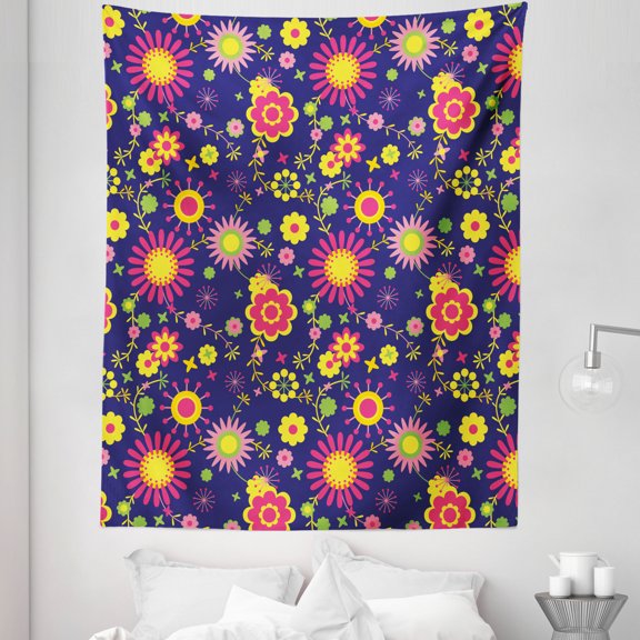 Floral Tapestry, Colorful Flowers Designed in Art Pattern on Dark Lavender Background, Fabric Wall Hanging Decor for Bedroom Living Room Dorm, 5 Sizes, Indigo Multicolor, by Ambesonne