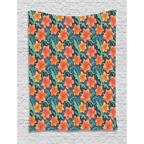 Floral Tapestry, Continuous Doodle of Lilly Flowers with Curly Leaves on Dotted Background, Wall Hanging for Bedroom Living Room Dorm Decor, 60W X 80L Inches, Multicolor, by Ambesonne