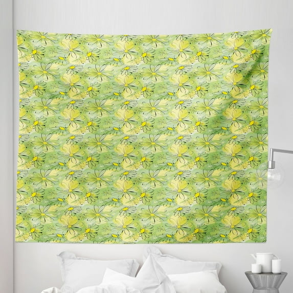 Floral Tapestry, Doodle Nostalgic Branches Daisies on Green Toned Circles Background, Fabric Wall Hanging Decor for Bedroom Living Room Dorm, 5 Sizes, Apple Green Yellow Black, by Ambesonne