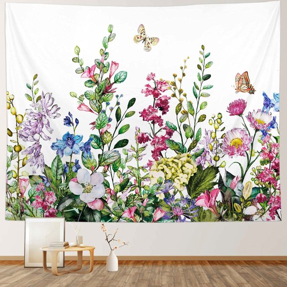 Floral Tapestry, Flower Wall Hanging - Spring Nature Botanical Herbs Vintage for Bedroom & Living Room, 59" x 79" Inches