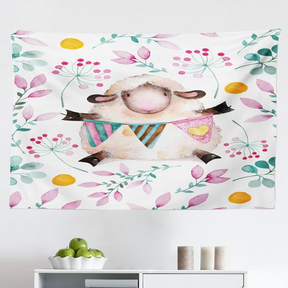 Floral Tapestry, Graphic Daisy Blossoms Design on Yellow Background Spring Flowers Artwork, Fabric Wall Hanging Decor for Bedroom Living Room Dorm, 2 Sizes, Yellow and White, by Ambesonne