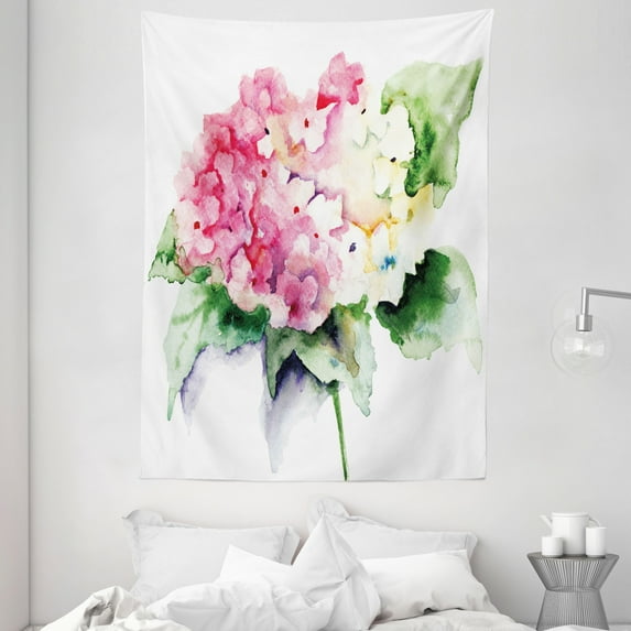 Floral Tapestry, Hydrangea Flower Bouquet in Watercolor Blossoms Botany Petals Image, Wall Hanging for Bedroom Living Room Dorm Decor, 60W X 80L Inches, Pink Yellow Forest Green, by Ambesonne