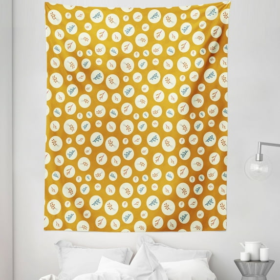 Floral Tapestry, Modern Composition of Botanical Circles Berries Branches Concept Art, Fabric Wall Hanging Decor for Bedroom Living Room Dorm, 5 Sizes, Amber and Blue Grey, by Ambesonne