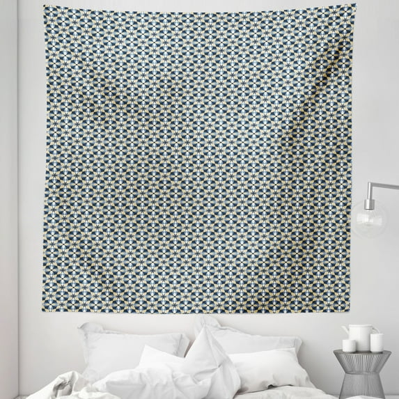 Floral Tapestry, Overlapping Shapes Symmetrical Ornament Tile in Blue and Yellow Shades, Fabric Wall Hanging Decor for Bedroom Living Room Dorm, 5 Sizes, Dark Blue Pale Mustard, by Ambesonne