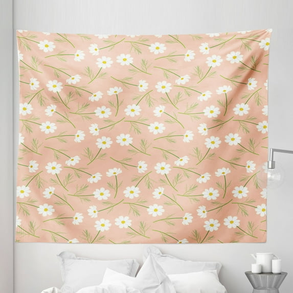 Floral Tapestry, Rhythmic Abstract White Cosmos Flower Pattern on Pastel Background, Fabric Wall Hanging Decor for Bedroom Living Room Dorm, 5 Sizes, Lime Green Mustard, by Ambesonne