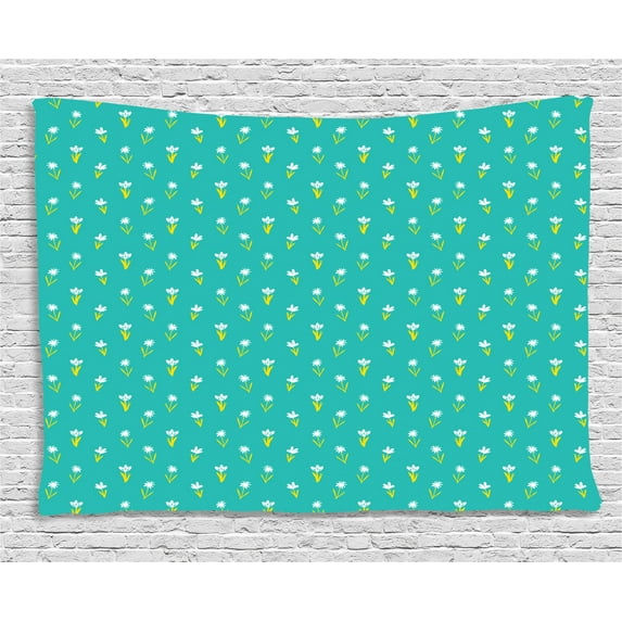 Floral Tapestry, Scribbled Primitive Flower Motifs in Random Alignment Simplistic Art, Wall Hanging for Bedroom Living Room Dorm Decor, 80W X 60L Inches, Yellow White Turquoise, by Ambesonne
