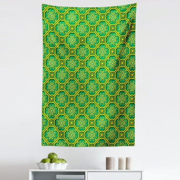 Floral Tapestry, Strokes and Motifs in Bicolour Ornamental Details Pattern, Fabric Wall Hanging Decor for Bedroom Living Room Dorm, 5 Sizes, Jade Green Earth Yellow, by Ambesonne