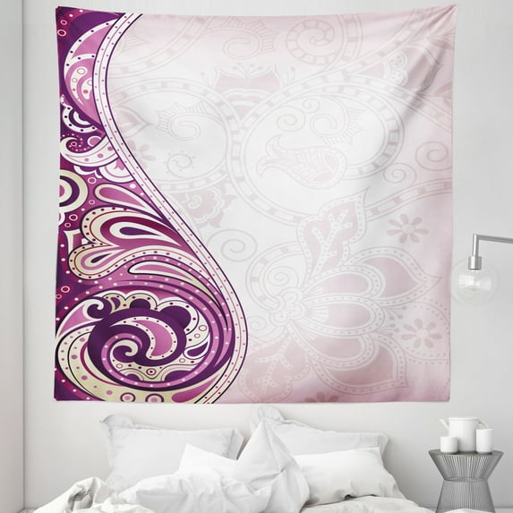 Floral Tapestry, Swirled Curved Petals Motif Oriental Design, Fabric Wall Hanging Decor for Bedroom Living Room Dorm, 5 Sizes, Pale Pink Fuchsia Plum, by Ambesonne