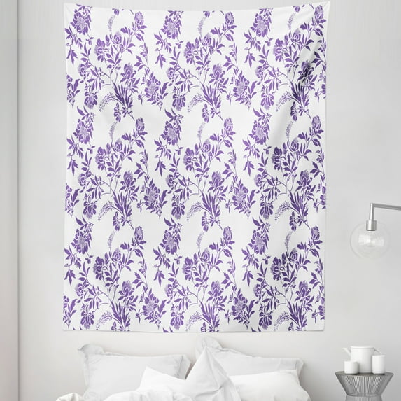 Floral Tapestry, Thriving Seasonal Plants with Randomly Distributed Lilac Posies Abstract Style, Fabric Wall Hanging Decor for Bedroom Living Room Dorm, 5 Sizes, Violet and White, by Ambesonne