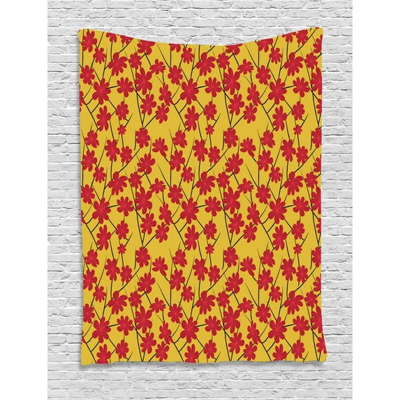 Floral Tapestry, Traditional Japanese Cherry Blossom Trees Pink Sakura Flowers, Wall Hanging for Bedroom Living Room Dorm Decor, 40W X 60L Inches, Earth Yellow Ruby and Dark Brown, by Ambesonne