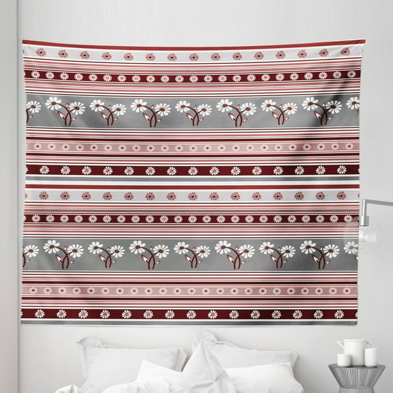 Floral Tapestry, Various Spring Flower Motifs on Striped Background Geometric Illustration, Fabric Wall Hanging Decor for Bedroom Living Room Dorm, 5 Sizes, Grey Pink Burgundy, by Ambesonne