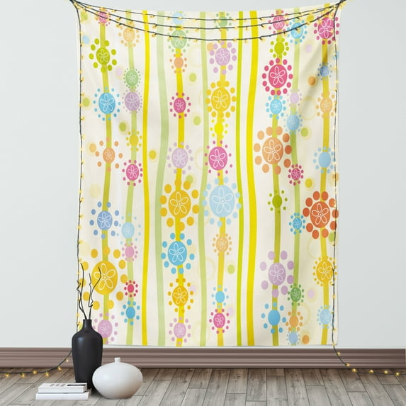Floral Tapestry, Vertical Lines with Colorful Cartoon Style Flowers and Dots Kids Girls Fun Children, Wall Hanging for Bedroom Living Room Dorm Decor, 40W X 60L Inches, Multicolor, by Ambesonne