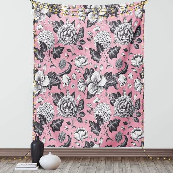 Floral Tapestry, Vintage Big Garden Flowers with Leaves Tulips Buds Artwork Sketchy Image, Wall Hanging for Bedroom Living Room Dorm Decor, 40W X 60L Inches, Coral Black and White, by Ambesonne