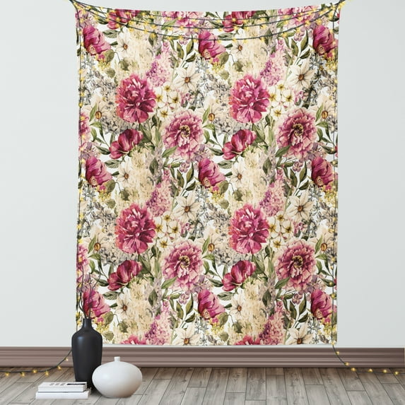 Floral Tapestry, Vintage Peony Flowers Leaves Watercolor Look Romantic Arrangement Painting Print, Wall Hanging for Bedroom Living Room Dorm Decor, 40W X 60L Inches, Multicolor, by Ambesonne