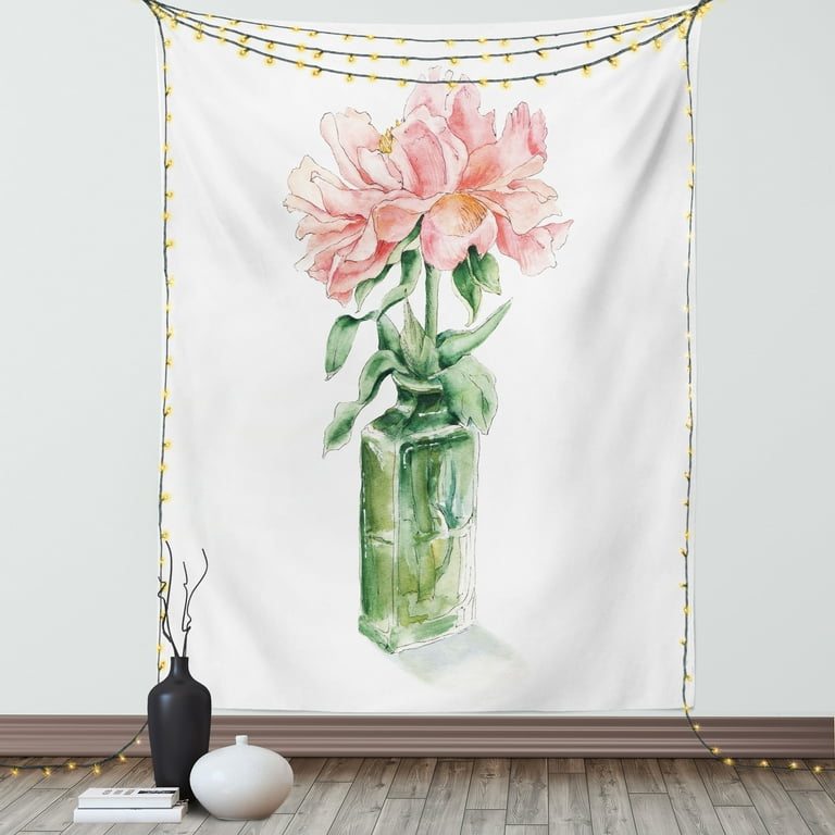Floral Tapestry Watercolor Paint Rose Flower in Vase Drawing