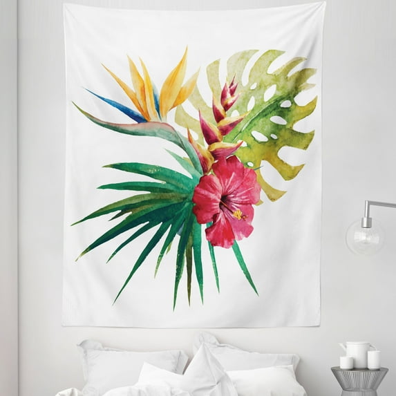 Floral Tapestry, Wild Tropical Orchid Flower Large Leaves Exotic Tropic Petals Picture, Fabric Wall Hanging Decor for Bedroom Living Room Dorm, 5 Sizes, Fuchsia Forest Green, by Ambesonne