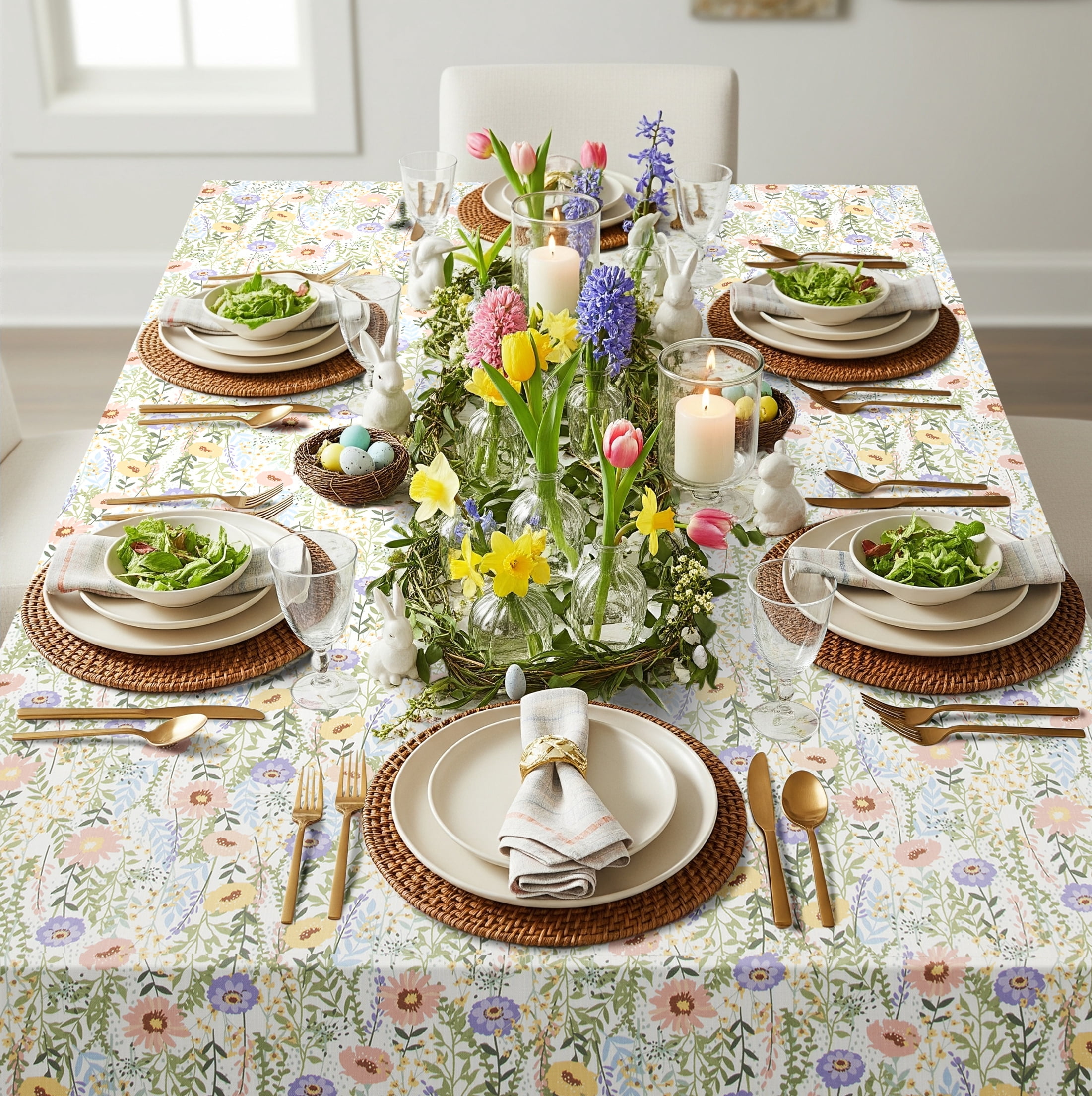 Easter Floral 60" x 102" Tablecloth - 100% Cotton, Multi-color