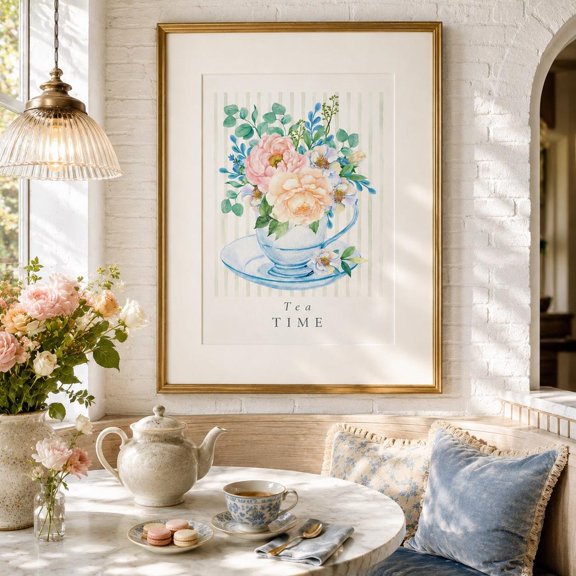 Floral Tea Cup Art Tea Time Wall Decor Blue Teacup Flower Bouquet Print Cottage Kitchen English Garden Decor Tea Lover Gift, Unframed Paper Print