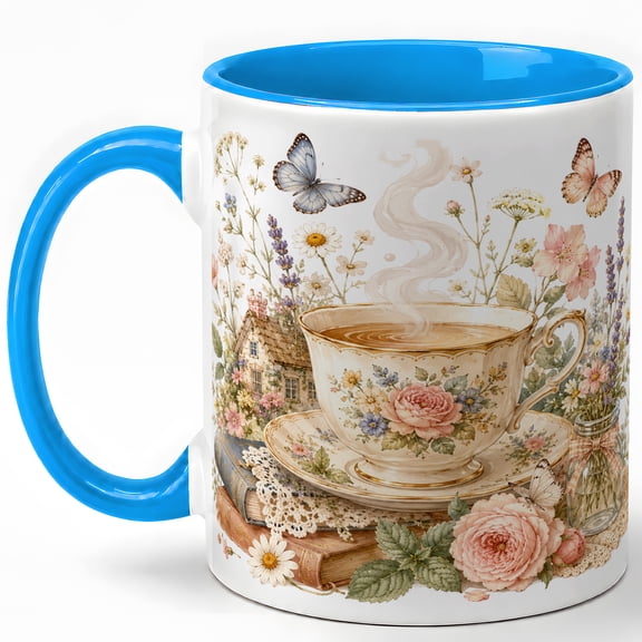 Floral Tea Cup Coffee Mug, Watercolor Teacup Mug, Cottagecore Tea Lover Ceramic Mug, Birds Hearts Flower Gift Cup, 11 oz
