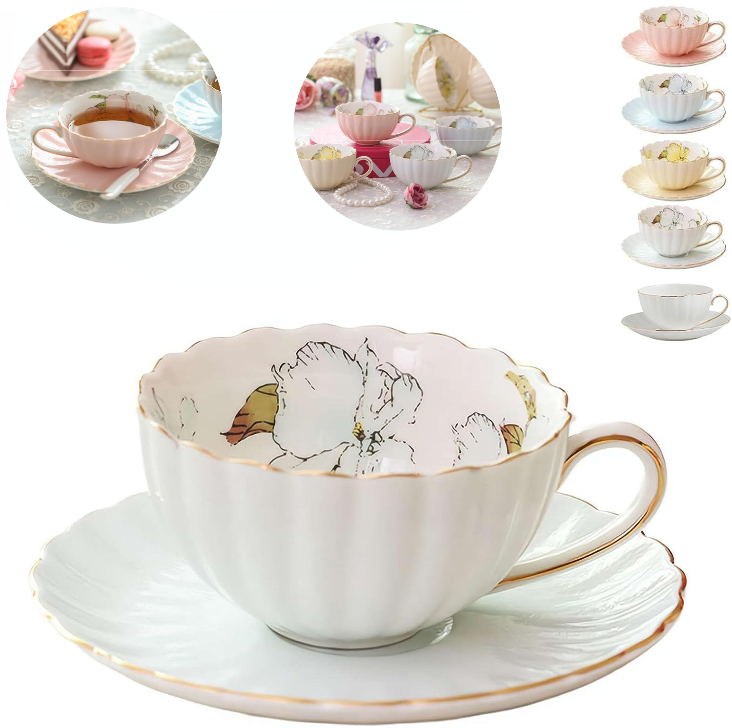 Set Of 6 Vintage Floral Tea Cups & Saucers - 8oz, Blue & Pink, For Tea Parties, Bridal Showers, & Afternoon Tea