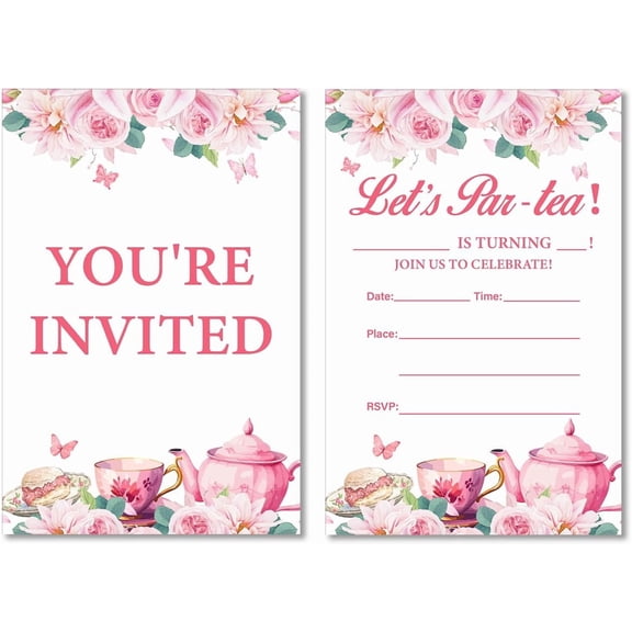 Floral Tea Party Girl Birthday Invitations Pink Let's Par-tea Birthday Invites with Envelopes Set of 20