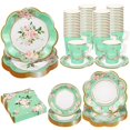 Floral Tea Party Paper Set Green 25 Piece Cup & Plate Kit 36 Napkins ...