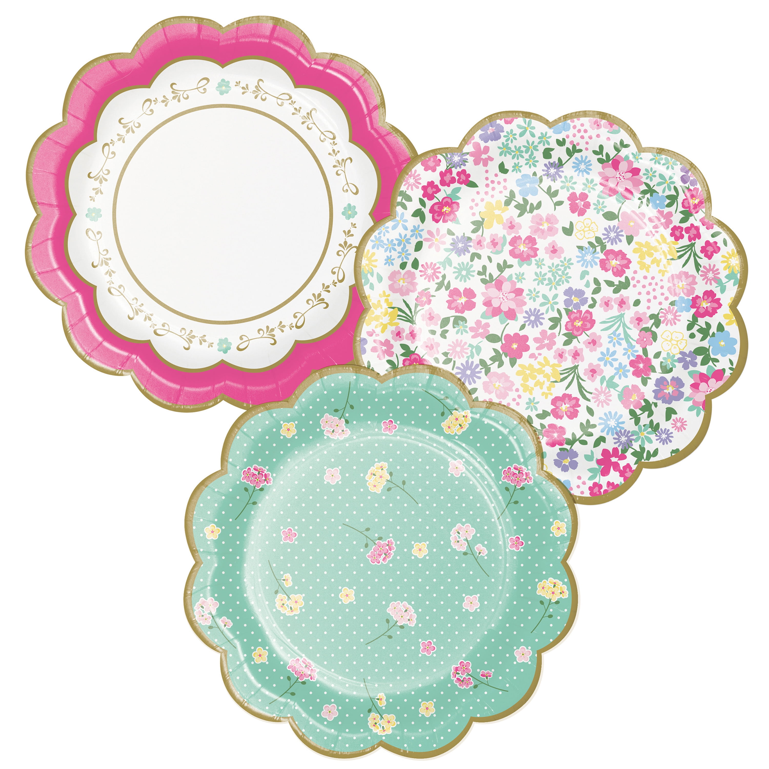 24 Round 9 in Assorted Floral Disposable Paper Plates Scalloped Trim