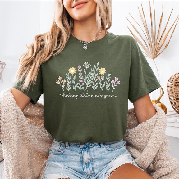 Floral Teacher Shirt, Helping Little Minds Grow Tee Sweatshirt All Size S-5XL