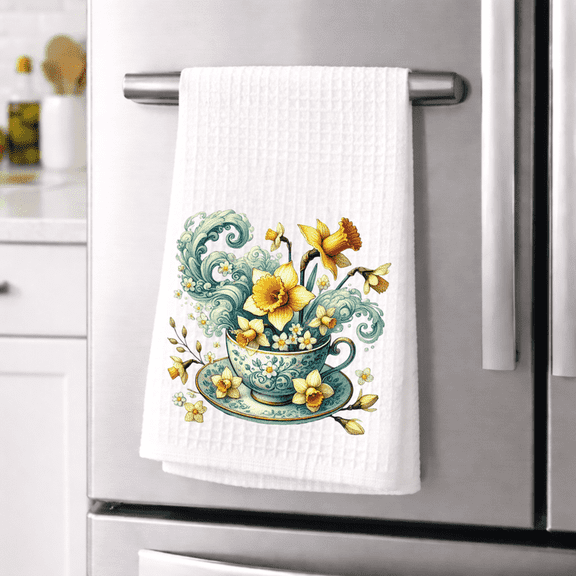 Floral Teacup Dish Towel 16x24 Cottagecore Spring Kitchen Dcor