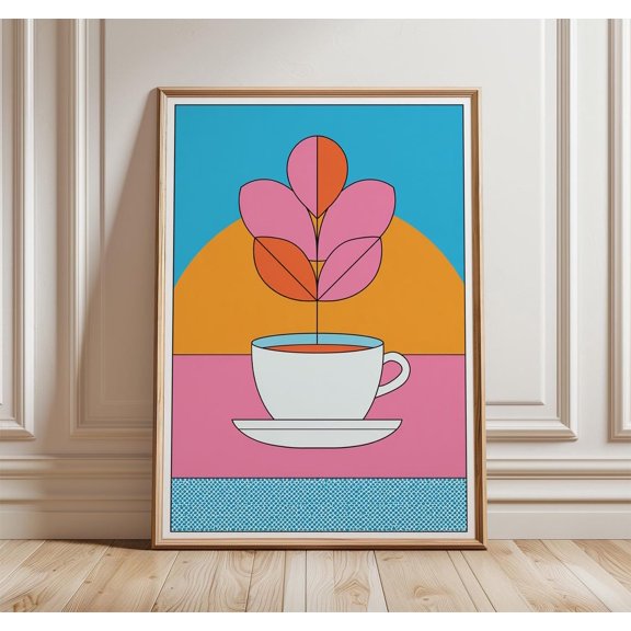Floral Teacup Geometric Mid Century Modern Wall Art Print, Stylish Kitchen And Dining Theme For Cafe, Kitchen And Dining Room Decor