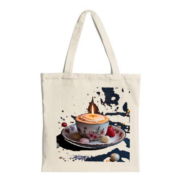 Floral Teacup Tote Bag - Canvas Multifunctional Reusable Shopping Bag with Colorful Candies & Dark Abstract Design Perfect for Parties & Travel