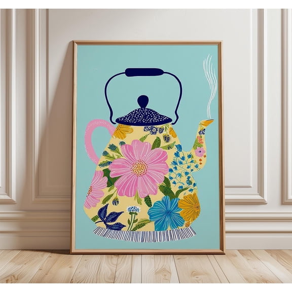 Floral Teapot Art Print Kitchen Decor Aqua Background