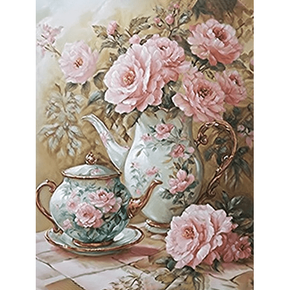 Floral Teapot Still Life Decorative Painting/Canvas Art Suitable for Living Room Dining Room Bedroom Kitchen Coffee Shop Office and Tea Room Decoration. Perfect Rose and Teapot Artwork.