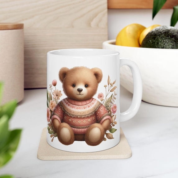 Floral Teddy Bear Ceramic Mug, Perfect for Tea Lovers, Gift for F11RIENDS Cozy Home DE1cor, Cute Coffee Cup, Birthday Present for Her, d1aughter
